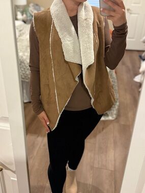 Forever 21 Tan Vest with Cream Faux-Shearling Collar